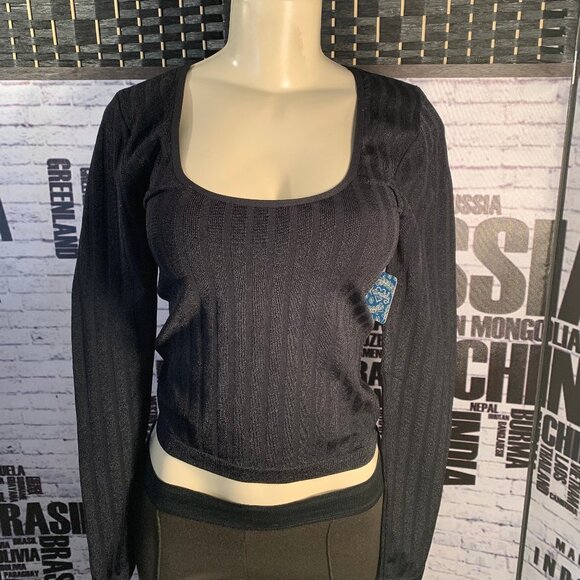 Free People Black Striped Detail Scoop Neck Top - Picture 1 of 6